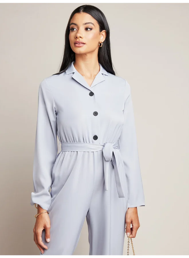 Closet By Styli Tie Belt Detail Collared Neck Cuffed Jumpsuit Blue