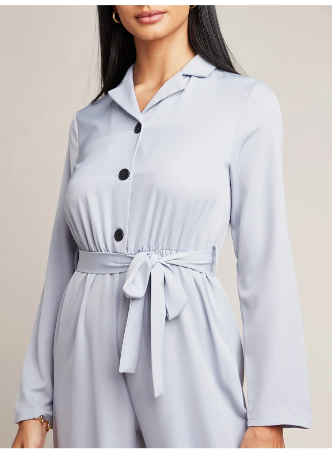 Closet By Styli Tie Belt Detail Collared Neck Cuffed Jumpsuit Blue