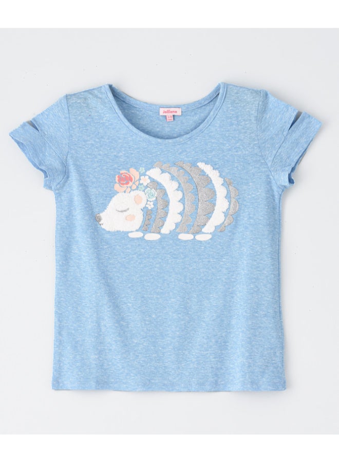 Jelliene Round Neck Short Sleeve Knit T-Shirt With Applique At Front Light Blue  - Image 1