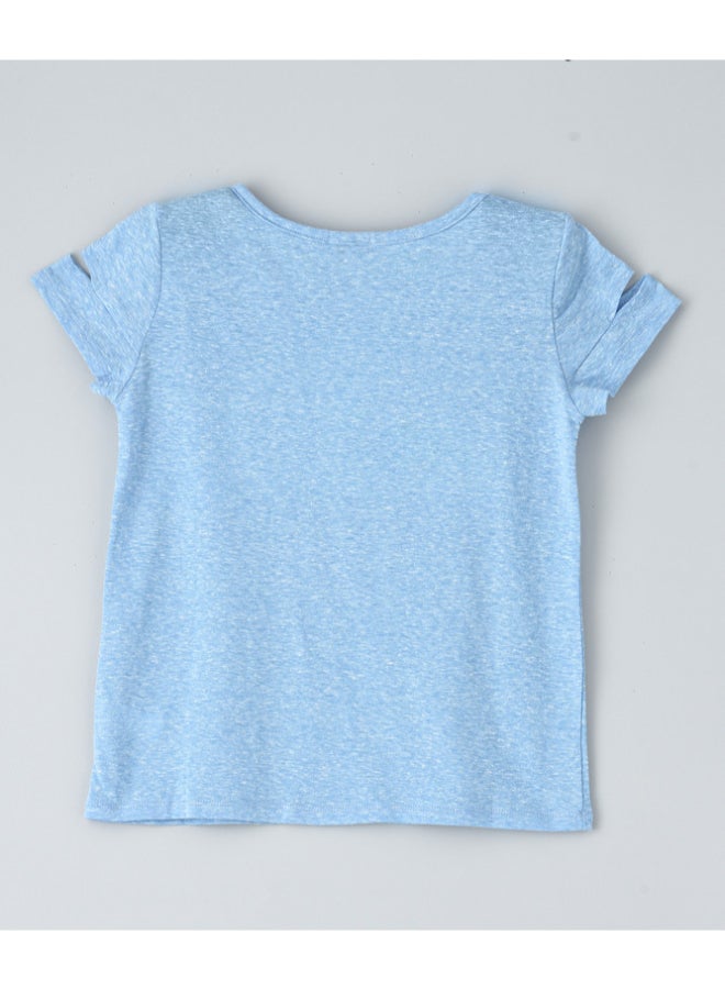 Jelliene Round Neck Short Sleeve Knit T-Shirt With Applique At Front Light Blue  - Image 2