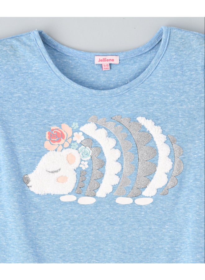 Jelliene Round Neck Short Sleeve Knit T-Shirt With Applique At Front Light Blue  - Image 3
