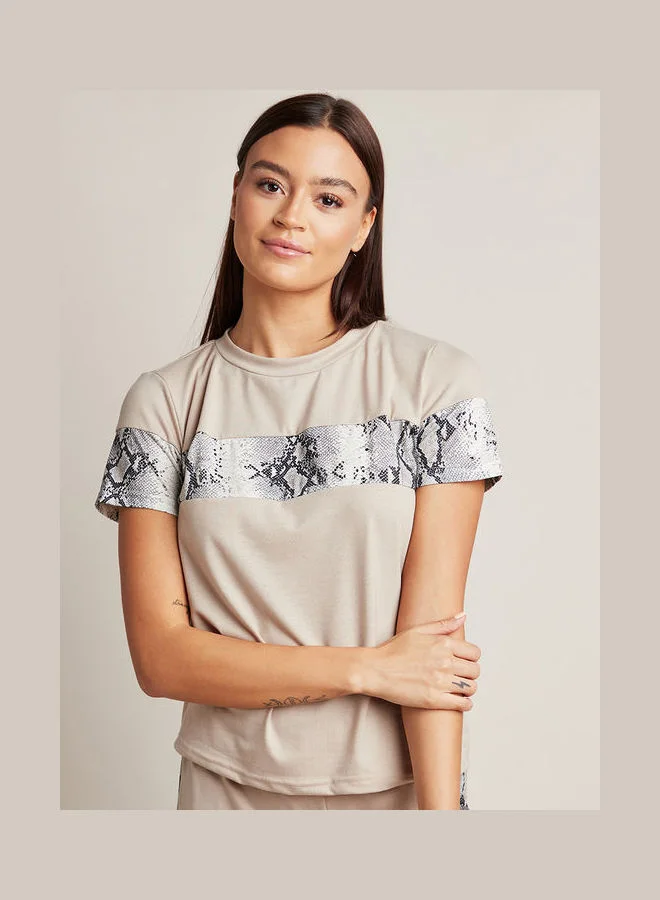 Closet By Styli Snakeskin Print Insert T-Shirt And Jogger Pyjama Set Beige