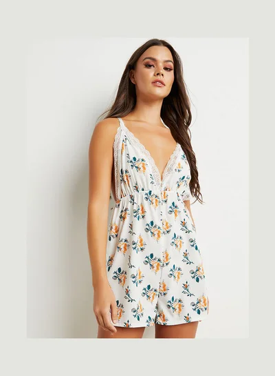 Closet By Styli Floral Print Lace Trim Teddy White