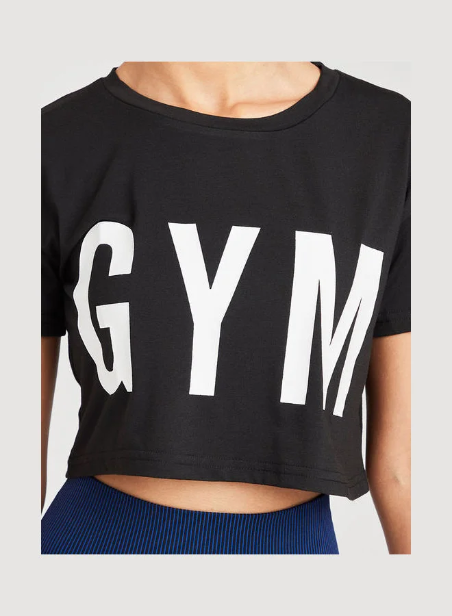 Closet By Styli Gym Slogan Print Short Sleeves Jersey Crop Active T-Shirt Black