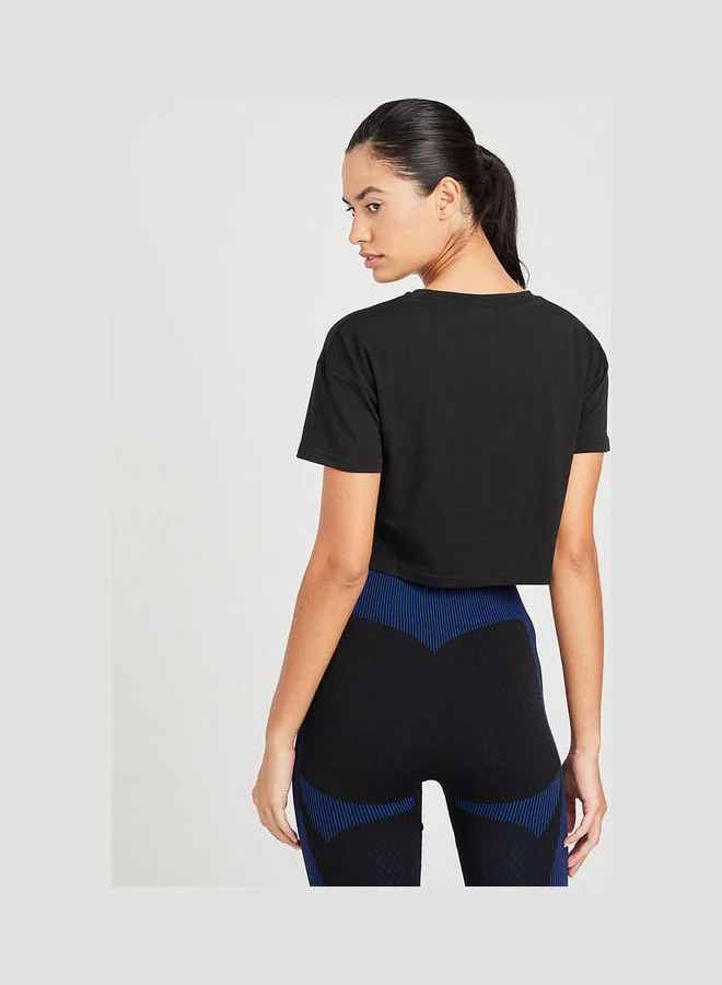 Closet By Styli Gym Slogan Print Short Sleeves Jersey Crop Active T-Shirt Black