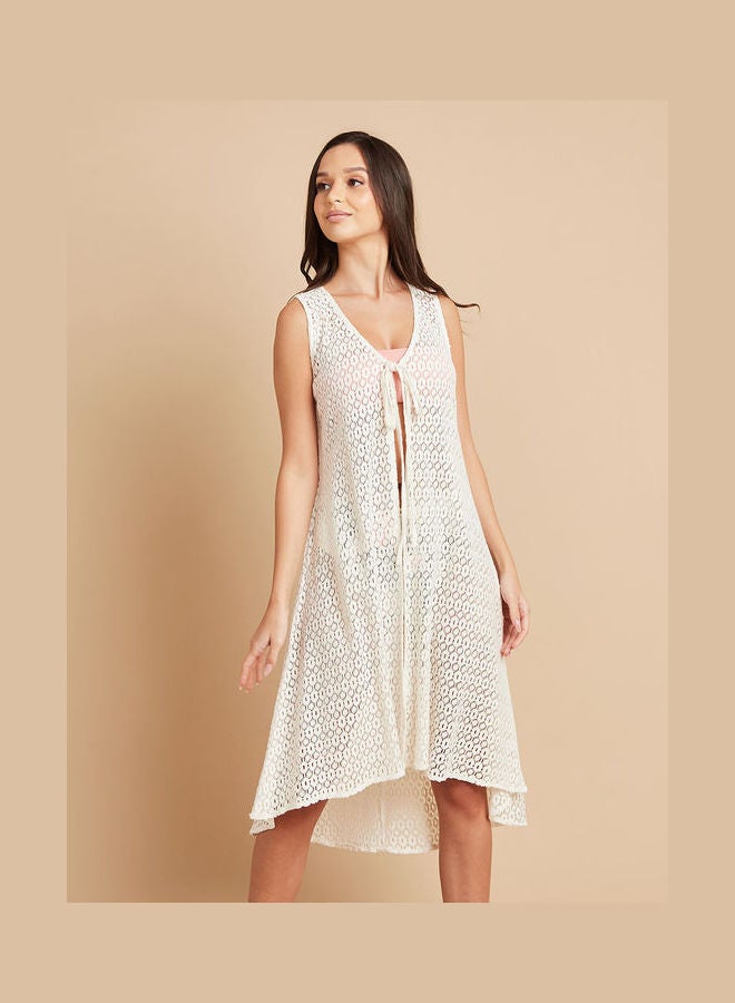 Closet By Styli - Sleeveless Lace Detail Midi Kimono Cream - Image 1
