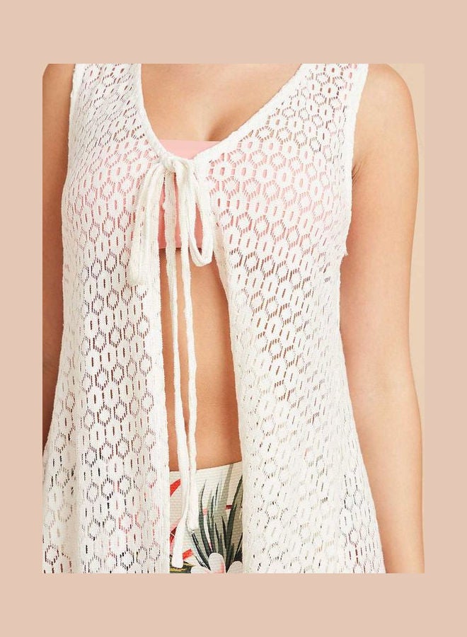 Closet By Styli - Sleeveless Lace Detail Midi Kimono Cream - Image 1