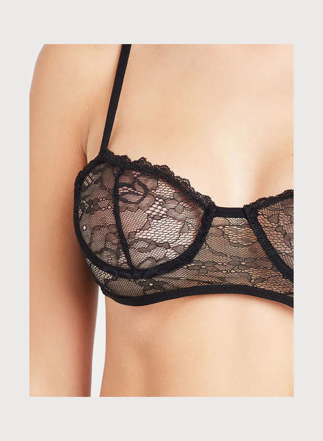 Closet By Styli All Lace Balconette Bra Neck Tie Up And Short Set Black