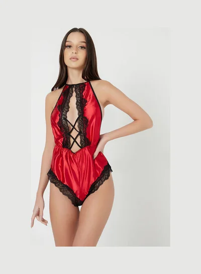 Closet By Styli Non Padded Satin Front Cut-Out Contrast Lace Detail Teddy Red