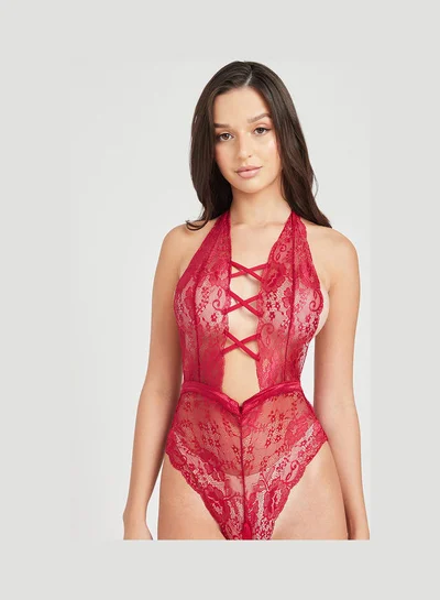 Closet By Styli Non Padded  Wired Cross Front Lace Bodysuit Red