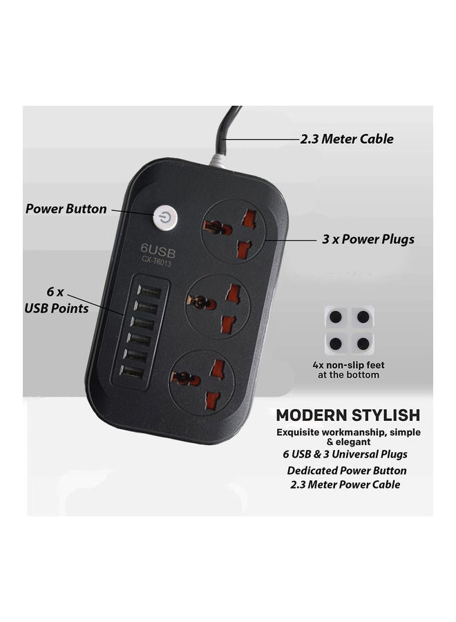 3 Socket Electric Extension Power Strip with 6 USB Port Black 13.8x9.0x4.3cm