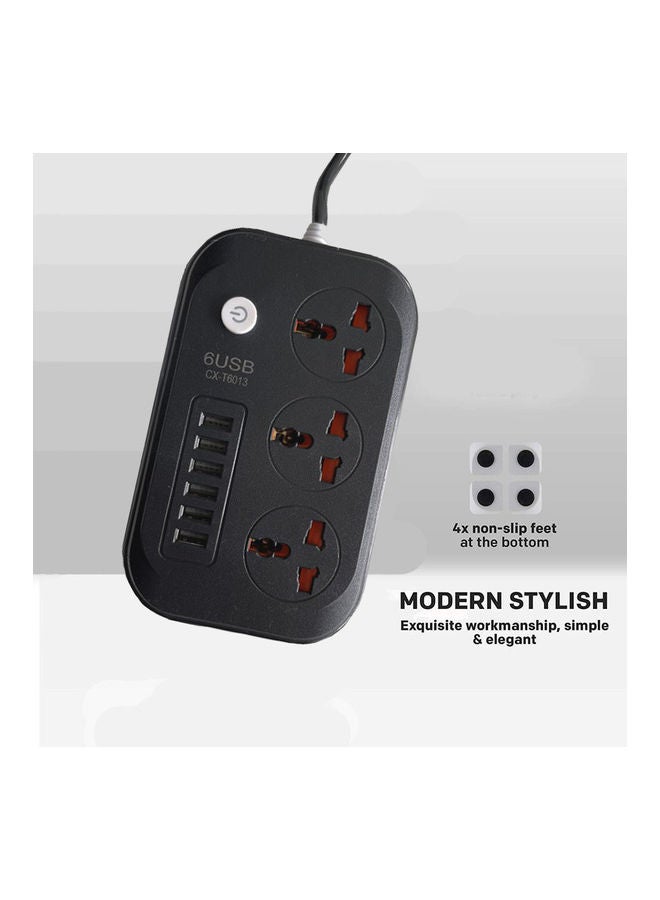 3 Socket Electric Extension Power Strip with 6 USB Port Black 13.8x9.0x4.3cm