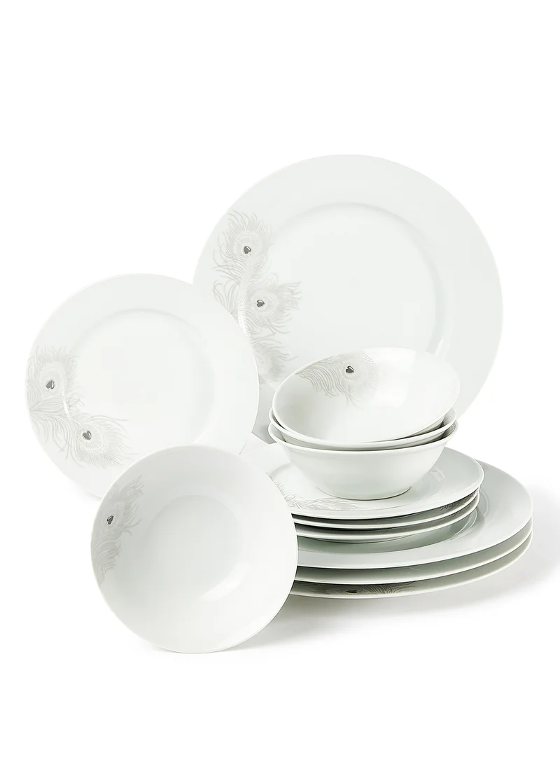 Noon East 12 Piece Porcelain Dinner Set - Dishes, Plates - Dinner Plate, Side Plate, Soup Plate - Serves 4 - Printed Design Grey Feather White