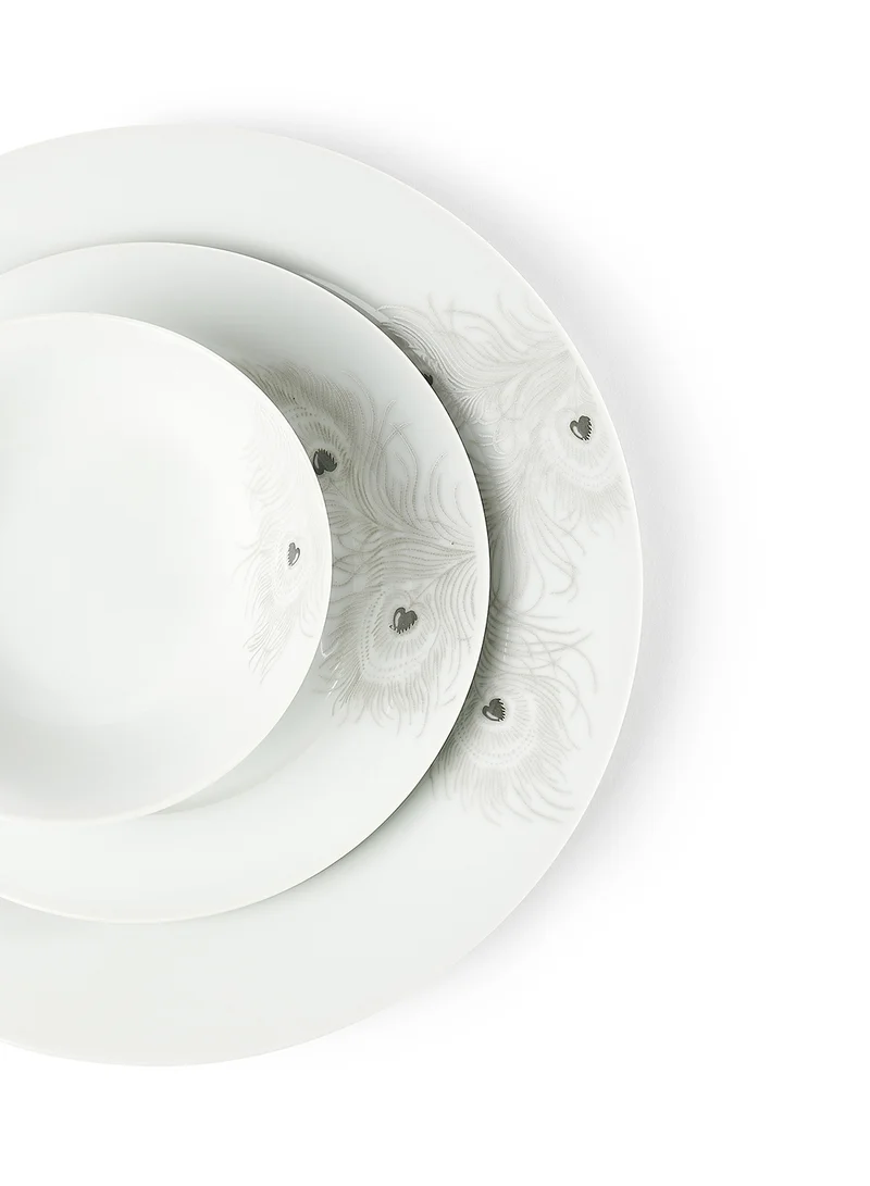 Noon East 12 Piece Porcelain Dinner Set - Dishes, Plates - Dinner Plate, Side Plate, Soup Plate - Serves 4 - Printed Design Grey Feather White