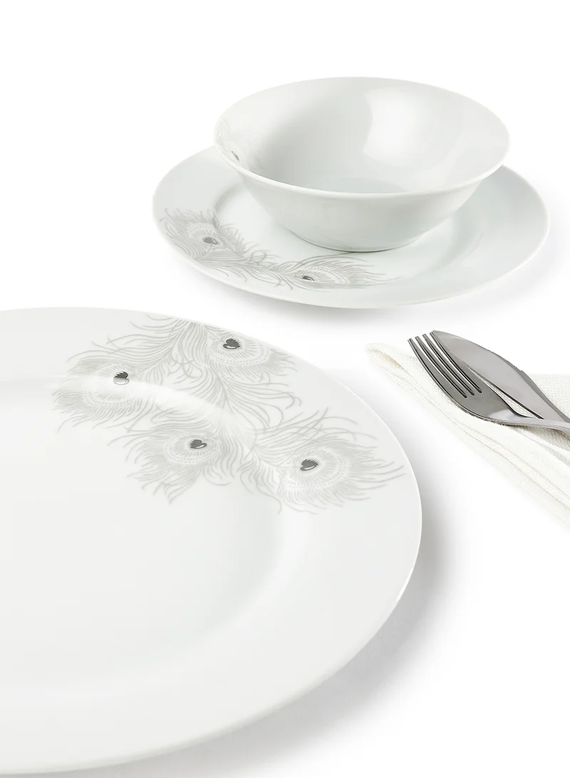 Noon East 12 Piece Porcelain Dinner Set - Dishes, Plates - Dinner Plate, Side Plate, Soup Plate - Serves 4 - Printed Design Grey Feather White