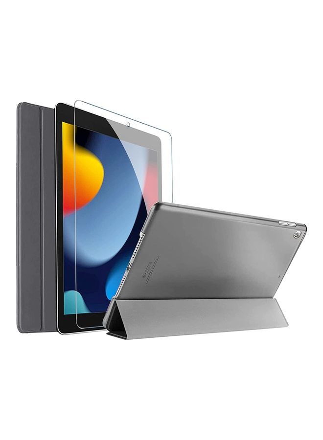 Rock Pow Slim Stand Hard Shell Protective Smart Cover with Tempered Glass Screen Protector for 10.2 inch iPad 9th/8th/7th Generation Grey - Image 1