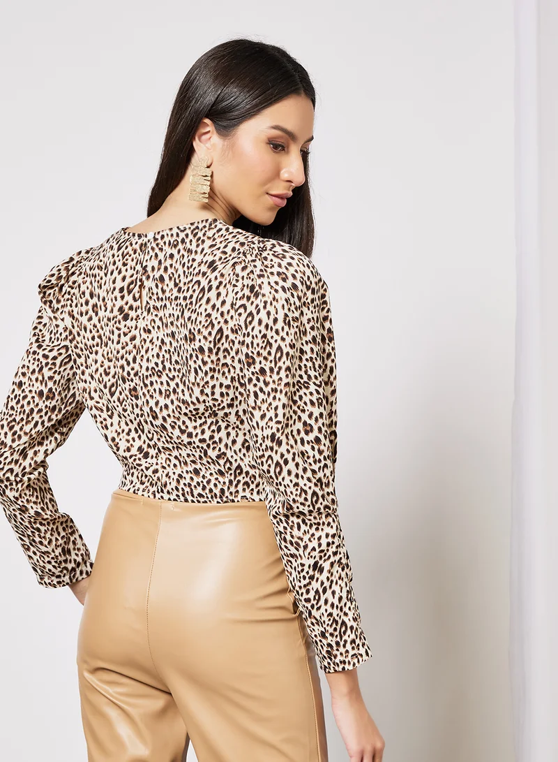 LABEL RAIL Leopard Print Crop Top Brown