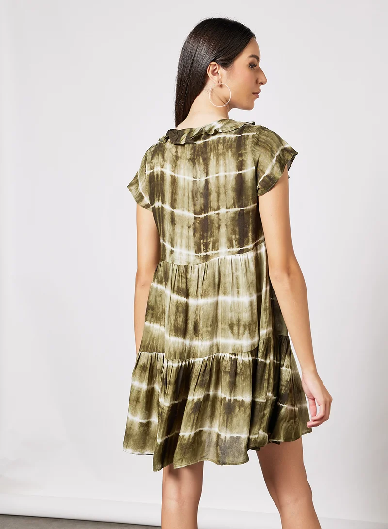 LABEL RAIL Ruffled Neckline Mini Dress Green