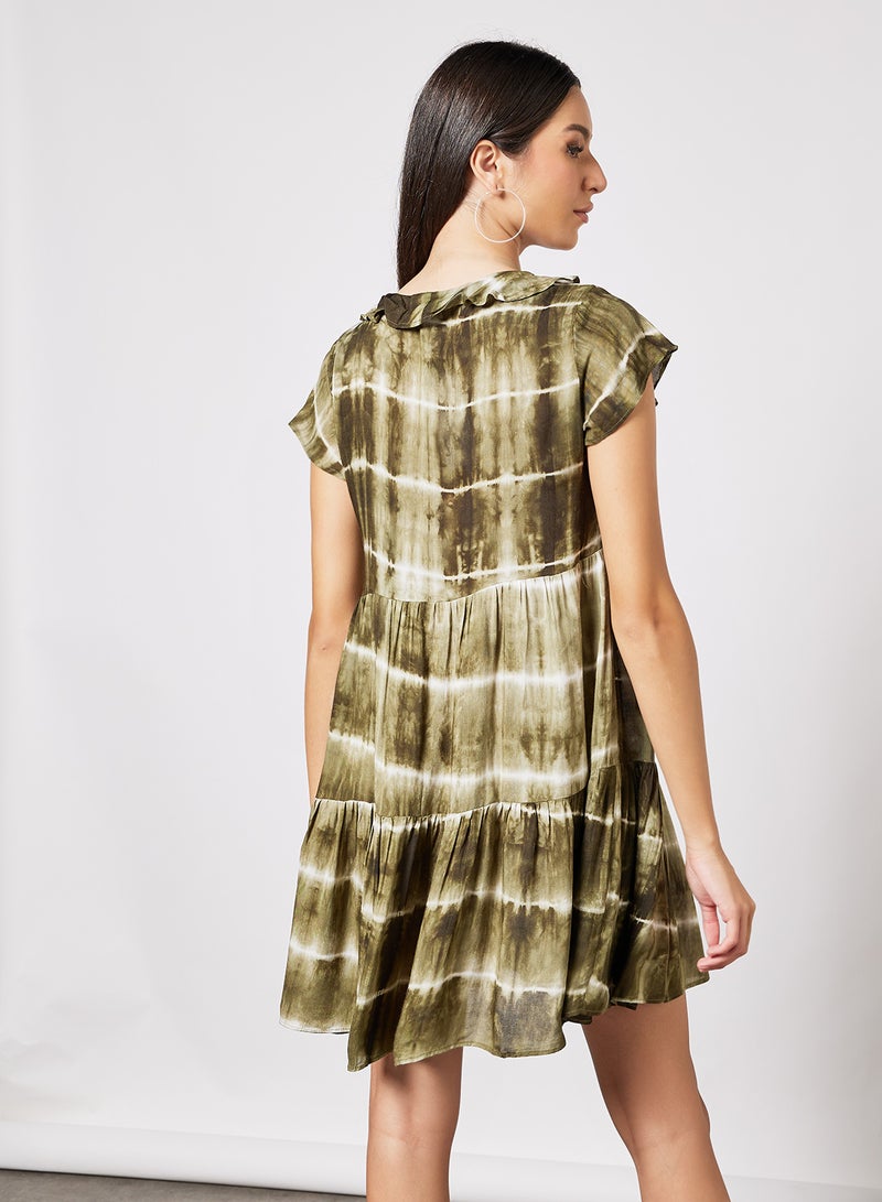 Ruffled Neckline Mini Dress Green