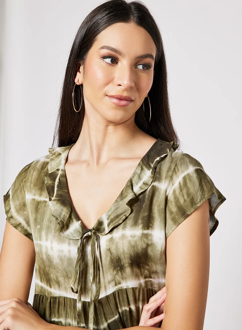 LABEL RAIL Ruffled Neckline Mini Dress Green