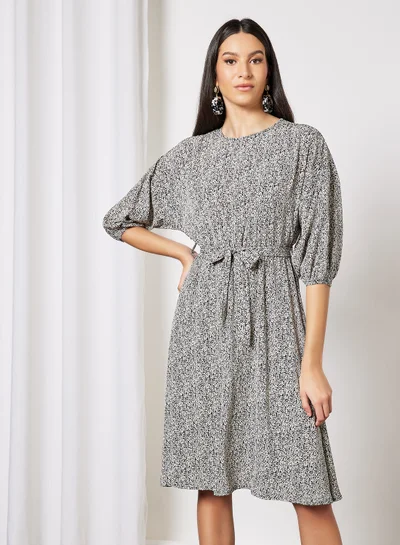 لايبل ريل Printed Self Tie Belt Dress Grey