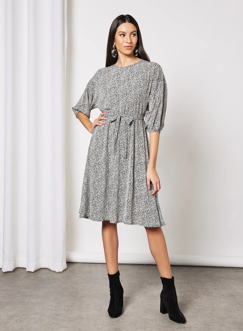 لايبل ريل Printed Self Tie Belt Dress Grey