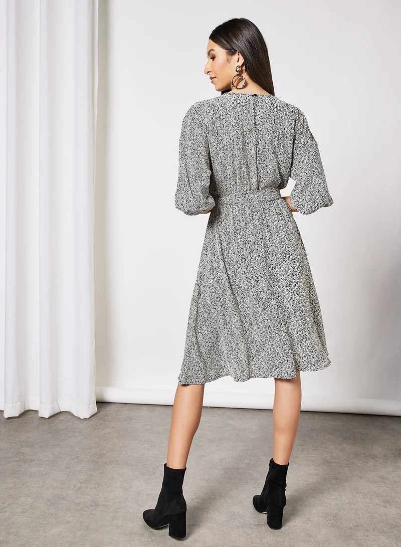 لايبل ريل Printed Self Tie Belt Dress Grey