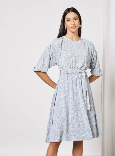 لايبل ريل Printed Self Tie Belt Dress Light Blue