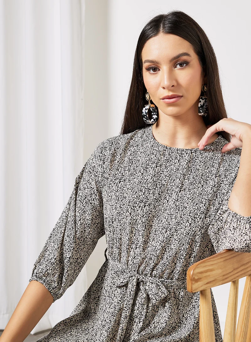 لايبل ريل Printed Self Tie Belt Dress Grey