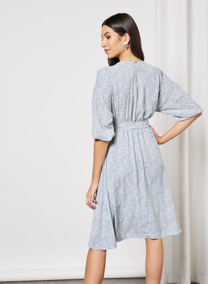 لايبل ريل Printed Self Tie Belt Dress Light Blue