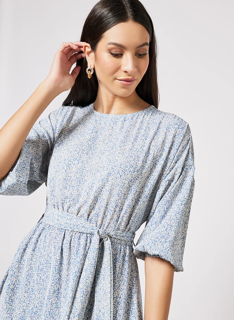 لايبل ريل Printed Self Tie Belt Dress Light Blue
