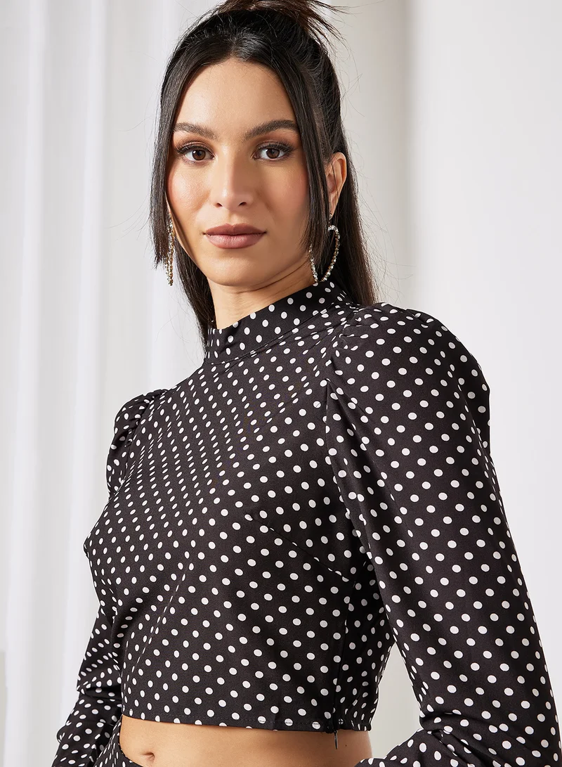 LABEL RAIL Polka Dot Print Crop Top Black