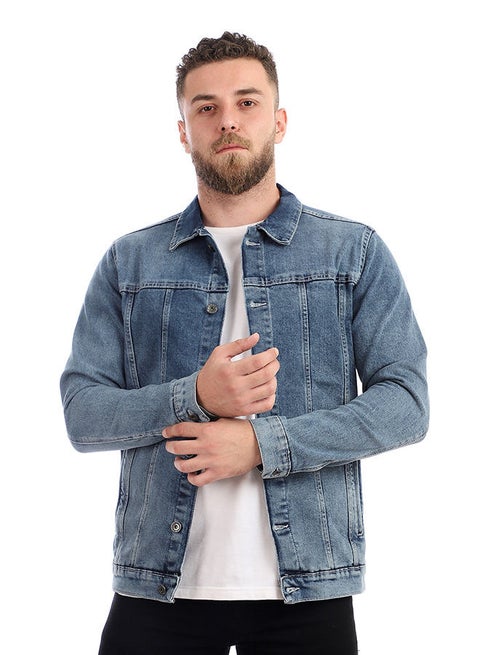 جاكيت كاجوال سادة/ أساسي بأكمام طويلة ورقبة بياقة أزرق