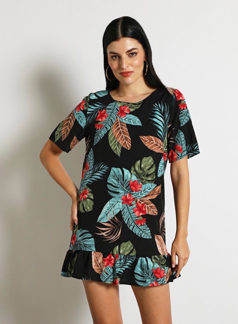 Aila Women'S Casual Knee Length Short Sleeve Floral/Solid Dress Black  - Image 1