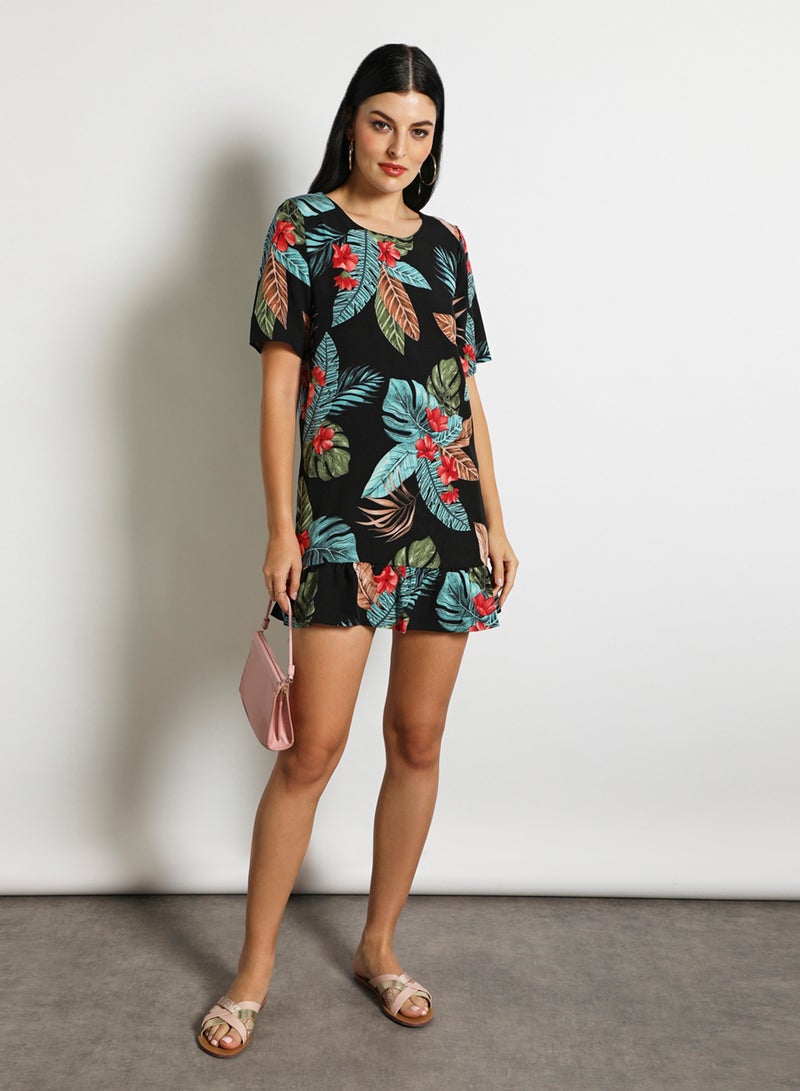Aila Women'S Casual Knee Length Short Sleeve Floral/Solid Dress Black  - Image 2