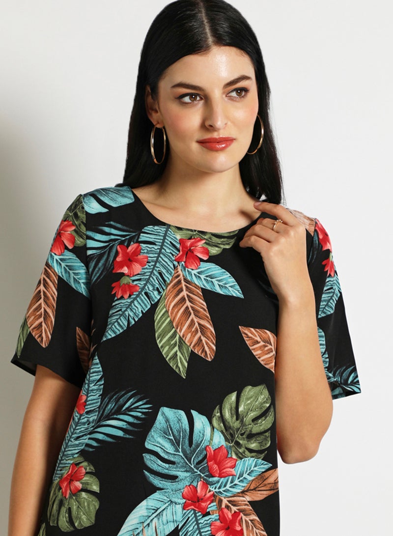 Aila Women'S Casual Knee Length Short Sleeve Floral/Solid Dress Black  - Image 4