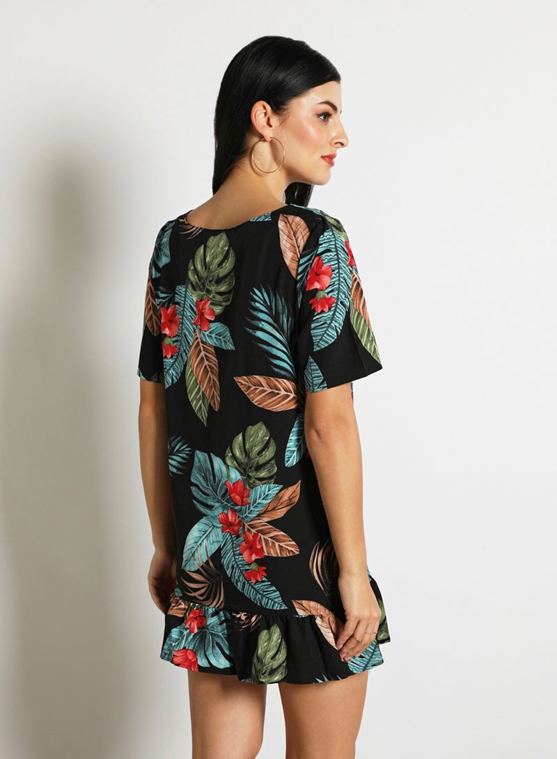 Aila Women'S Casual Knee Length Short Sleeve Floral/Solid Dress Black  - Image 3