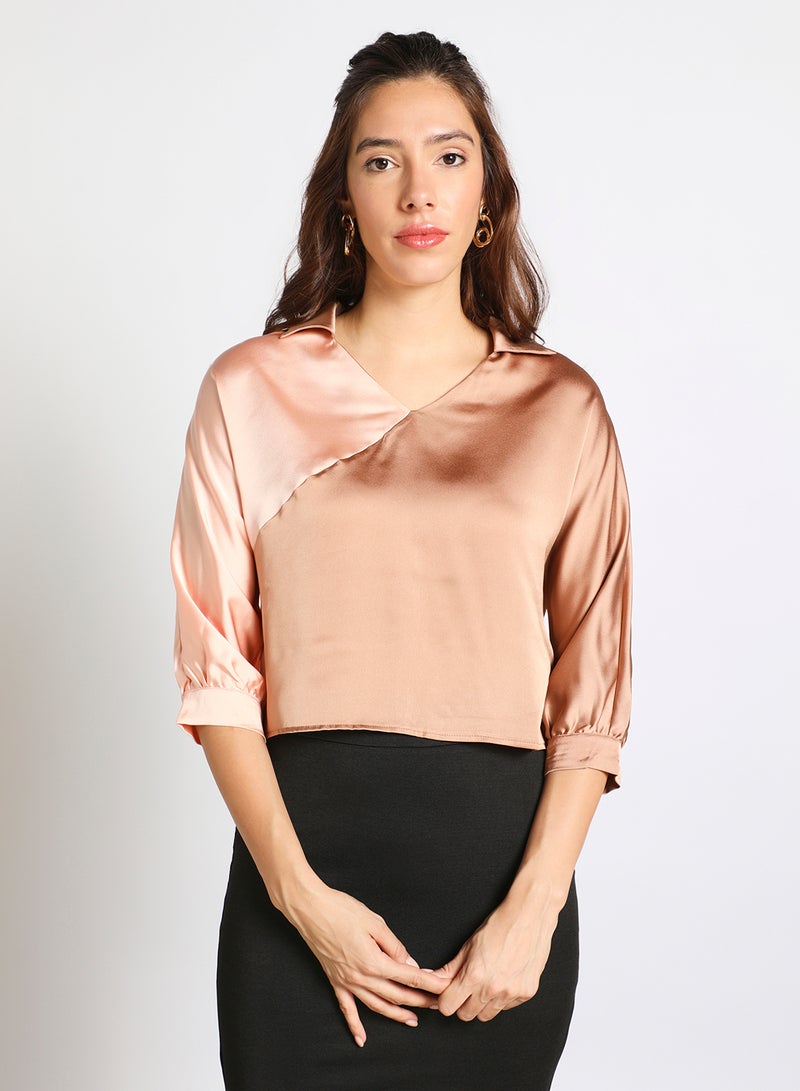 Aila - Women's Three-Quarter Sleeve Colour Blocked V-Neck Wrap Shirt Brown/Pink - Image 1
