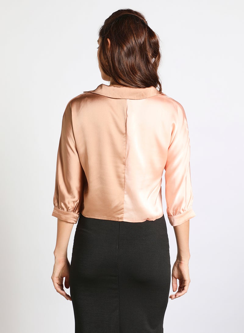 Aila - Women's Three-Quarter Sleeve Colour Blocked V-Neck Wrap Shirt Brown/Pink - Image 1