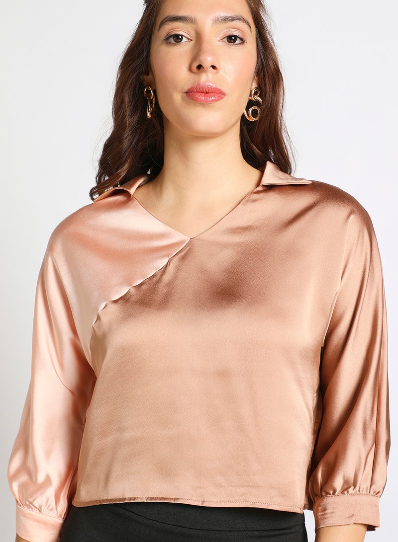 Aila - Women's Three-Quarter Sleeve Colour Blocked V-Neck Wrap Shirt Brown/Pink - Image 1
