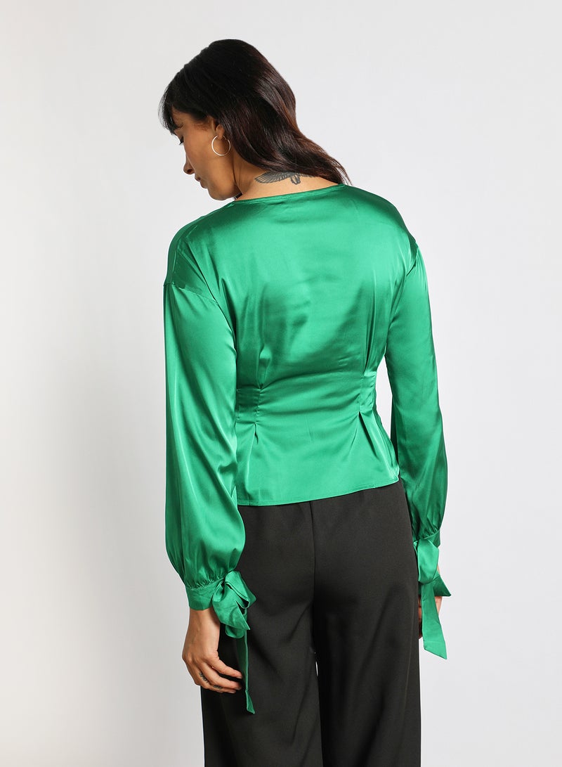 Aila Women's Casual V-Neck Long Sleeve With Tie Detail Solid Top Bottle Green - Image 3