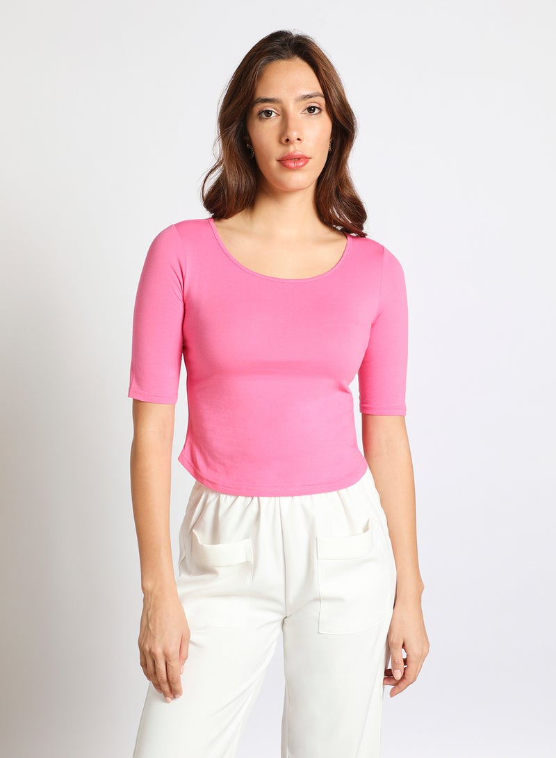 Aila Women's Casual Half Sleeve Round Neck Solid Top Pink  - Image 1