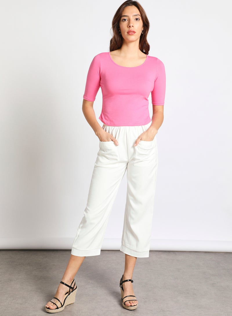 Aila Women's Casual Half Sleeve Round Neck Solid Top Pink  - Image 2