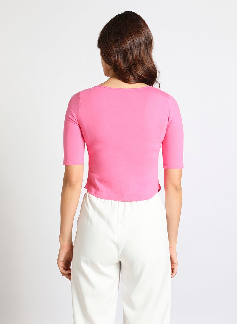 Aila Women's Casual Half Sleeve Round Neck Solid Top Pink  - Image 3
