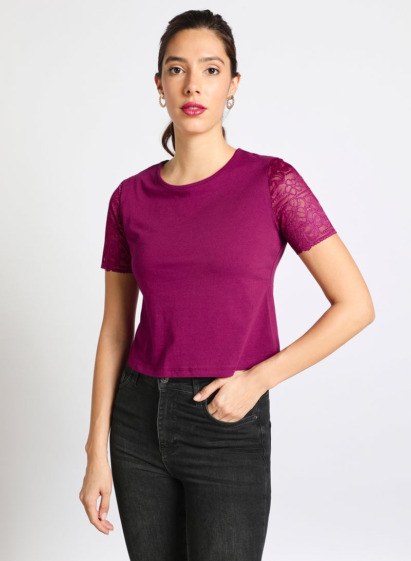 Aila Women's Casual Lace Detail Short Sleeve Cotton Blend Tops With Round Neck Modena  - Image 1