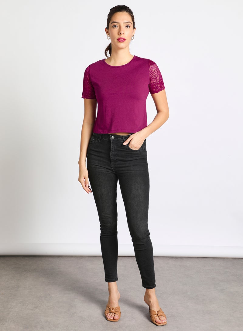 Aila Women's Casual Lace Detail Short Sleeve Cotton Blend Tops With Round Neck Modena  - Image 2