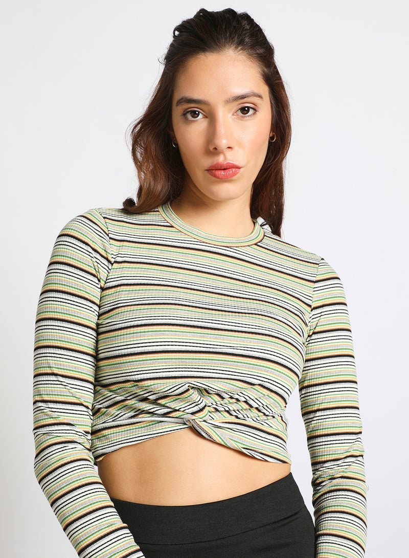 Aila Women's Long Sleeve Front Twist Knitted Stripes Top Green  - Image 4