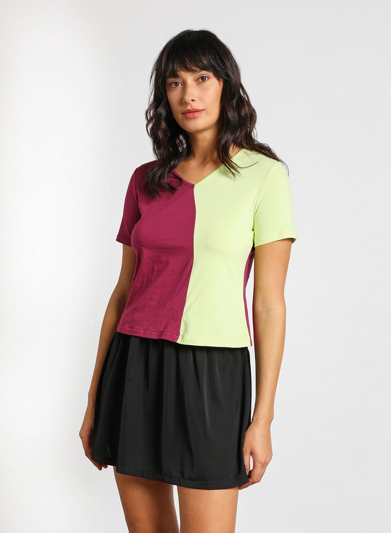Aila Women‘s V-Neck Colour Blocked Short Sleeves Knitted Top Modena/Green  - Image 1