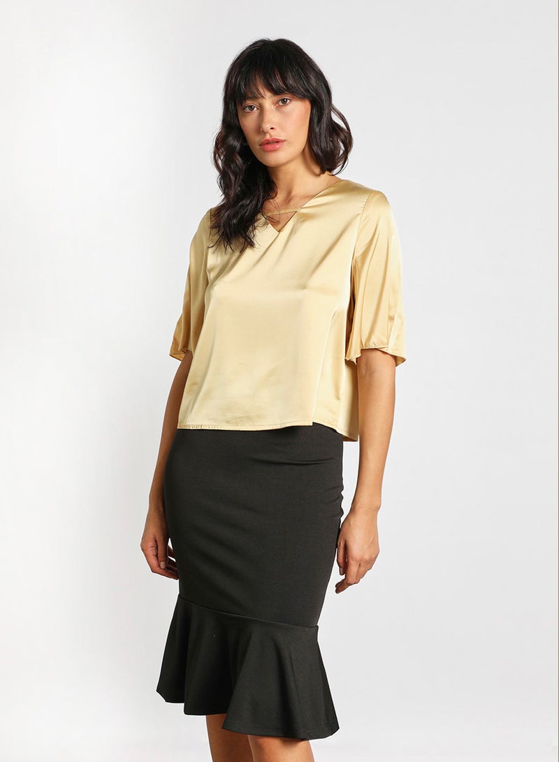 Aila Women's Casual Bell Half Sleeve Polyester Crop Top With V-Neck Electric Aprico  - Image 1