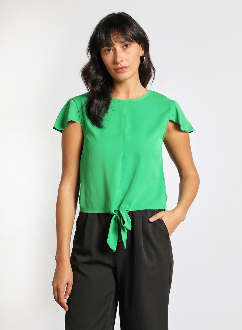 Aila - Women's Casual Round Neck Cap Sleeve Front Knot Top Green - Image 1